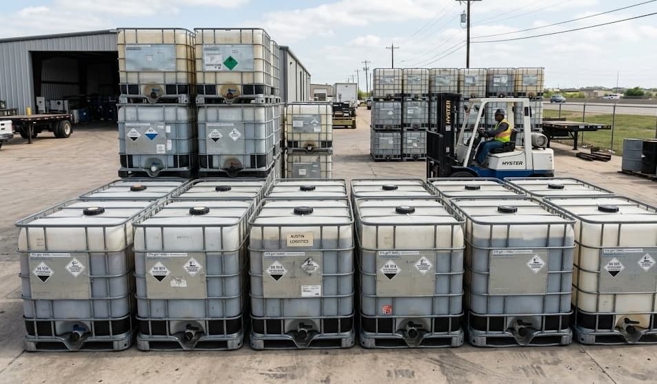 IBC tanks in outdoor yard with forklift loading