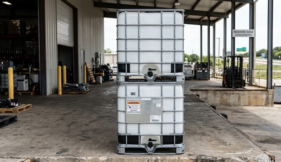 Single reconditioned IBC tank at receiving dock