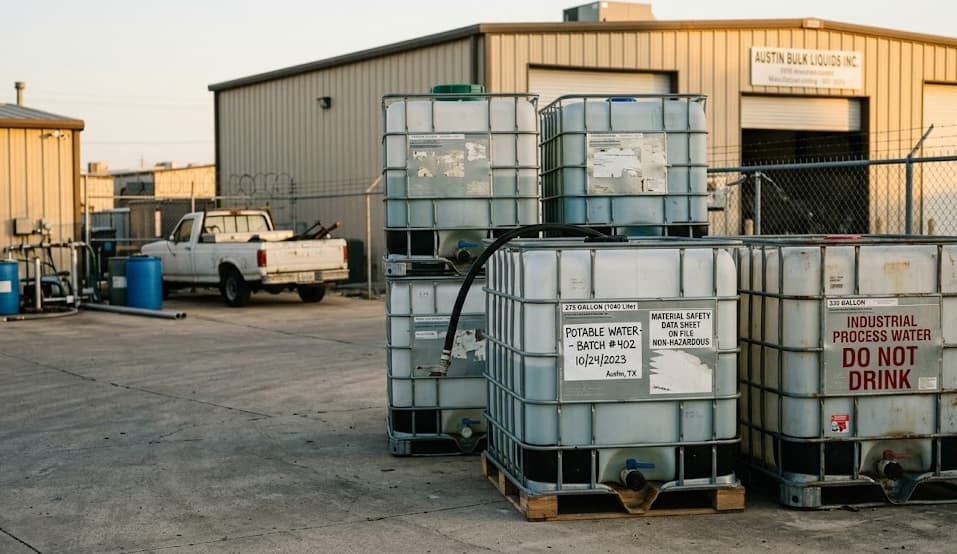 IBC tanks with labels at facility yard