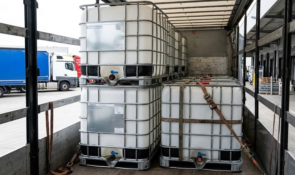 IBC tanks being loaded into delivery truck